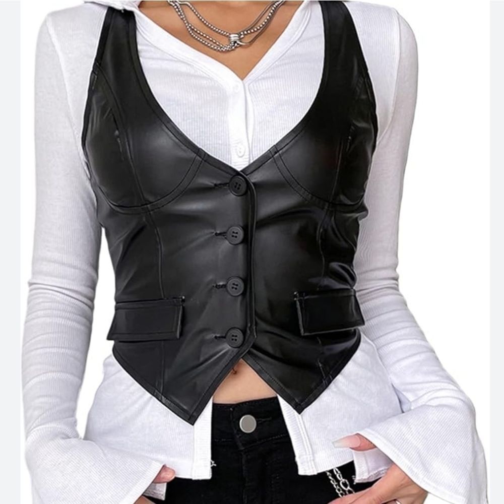 VIA MAX Women's Sleek Black Leather Vest More Like Small Size Not Medium - Picture 8 of 12